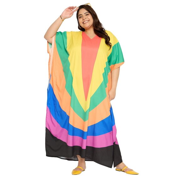 Gypsie Blu Women Rainbow Printed Kaftan Maxi Dress Kimono Sleeve Dress for Beach - Picture 3 of 9